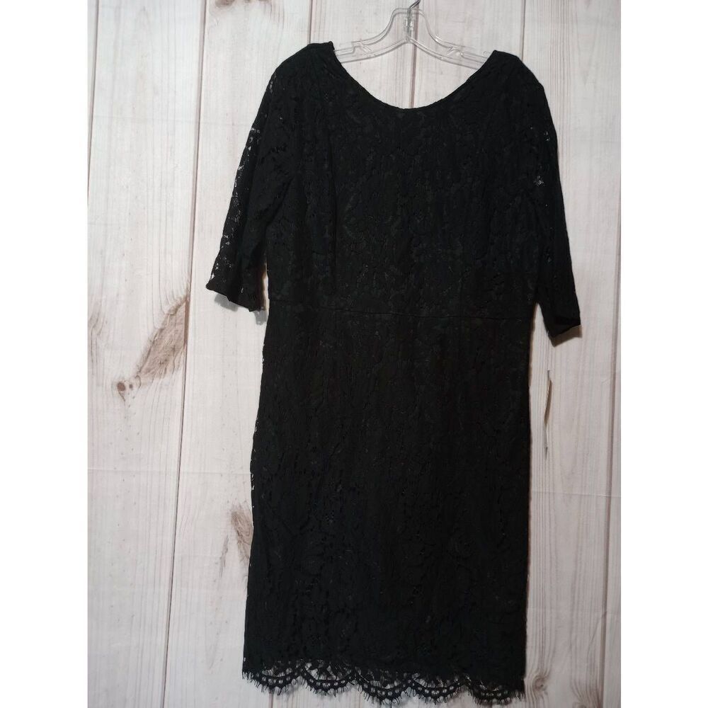 Sharagano Black Floral Lace Sheath Dress V-Back Scalloped Hem 3/4 Sleeve L